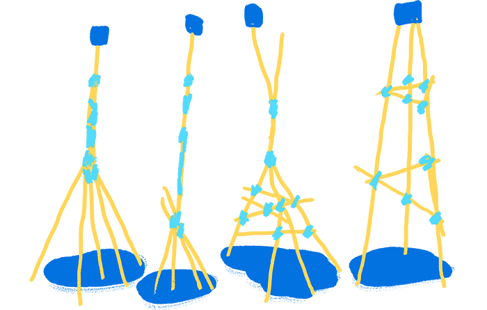 Teikning af fjórum turnum samsettum úr spaghettí.