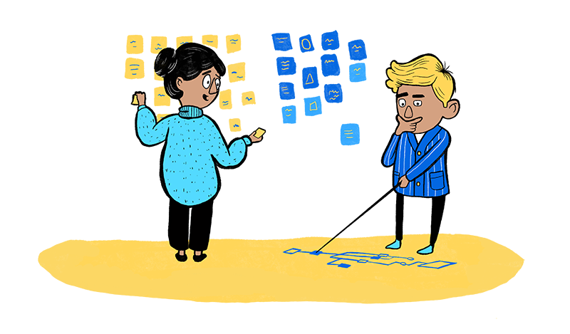 Illustration of people examining a process on a wall.