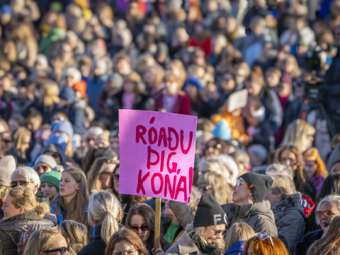 Mannhaf á kvennafrídegi 2023. Fyrir miðju bleikt skilti með áletruninni RÓAÐU ÞIG KONA!