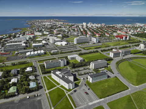 loftmynd af háskólasvæðinu, gras og hús.