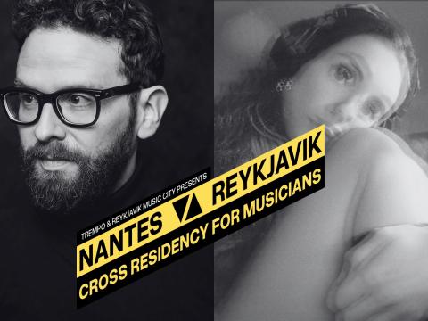 samsett mynd, Úlfur Eldjárn til vinstri, Julie Trouvé til hægri. Svarthvít. Grafískt skilti í miðju sem segir að þau verði í Nantes residency tónlistarsamstarfinu