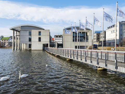 City Hall, viewed from across the bridge. A row of flagpoles with the Reykjavík flag on the bridge. Two swans in the foreground.