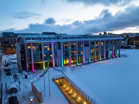 City Hall lit up in the organization's colors for Rare Disease Day
