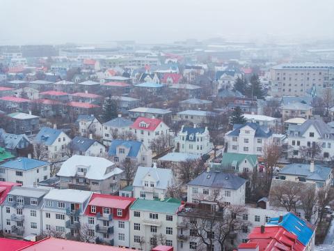 Drone photo of Reykjavík city center during snowfall