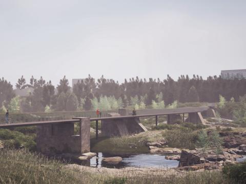An illustration of a bridge, vegetation, and river.