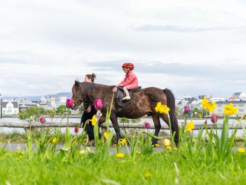 Barn teymt á hestbaki við tjörnina.