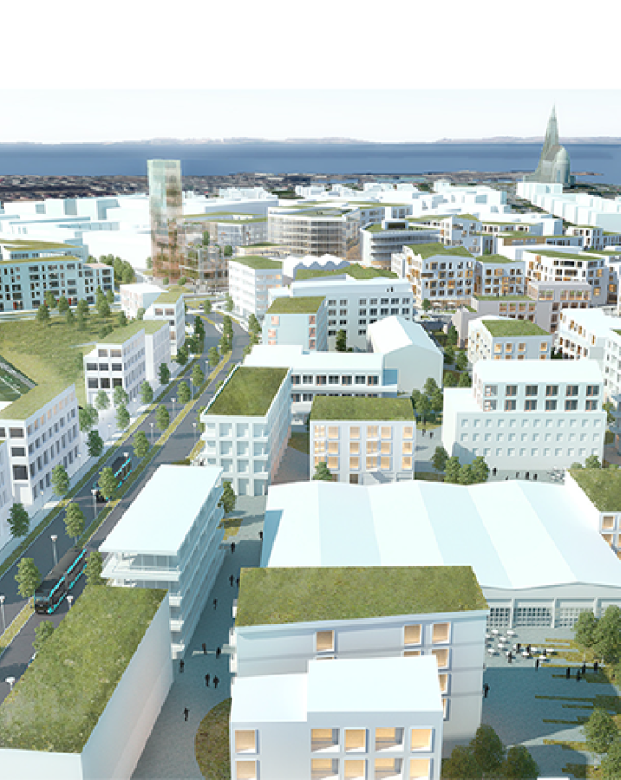 Rendering of Miklabraut. Multiple buildings, greenery, and Hallgrímskirkja church.