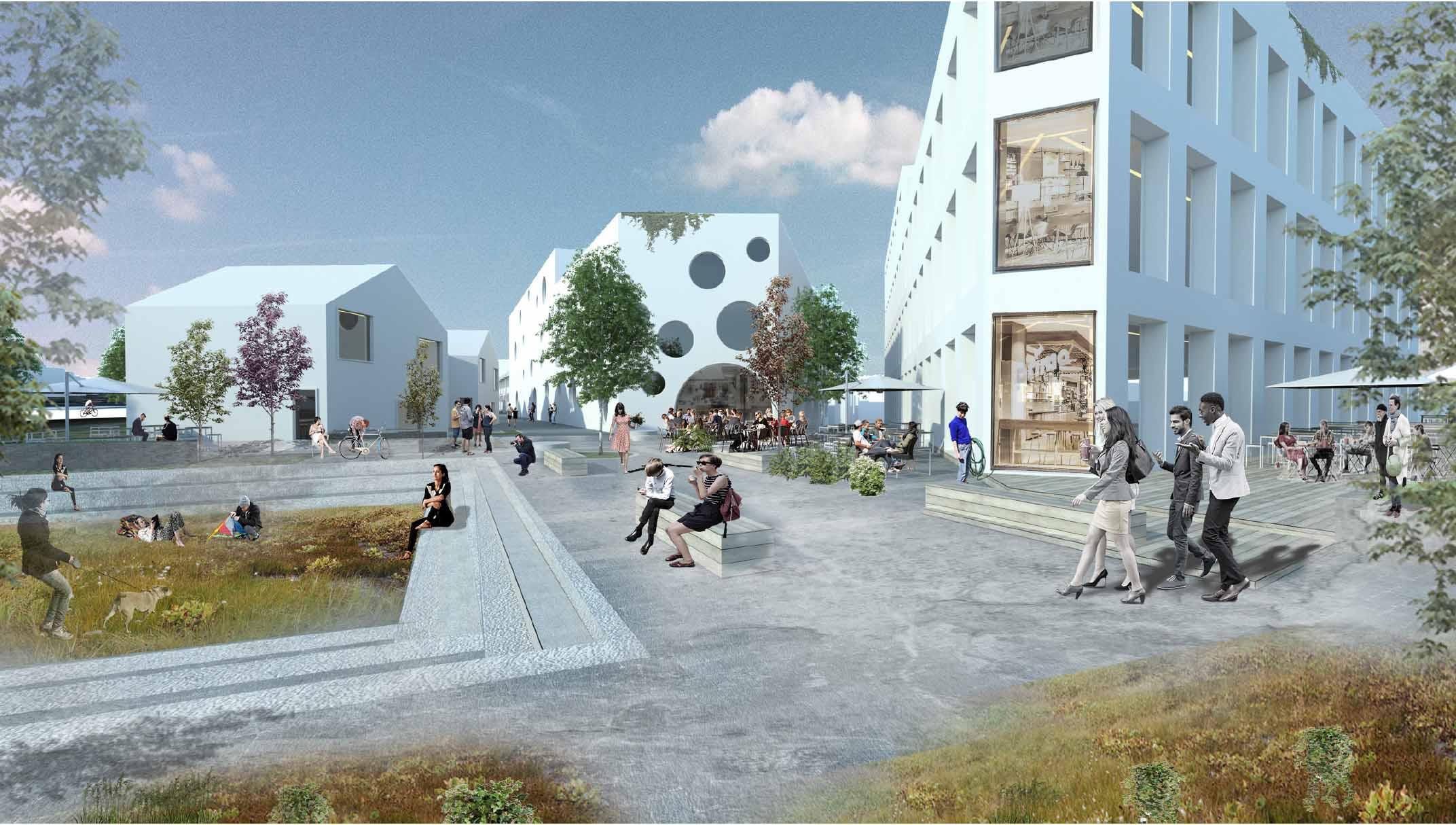 Rendering of a square. People walking and sitting on a bench.