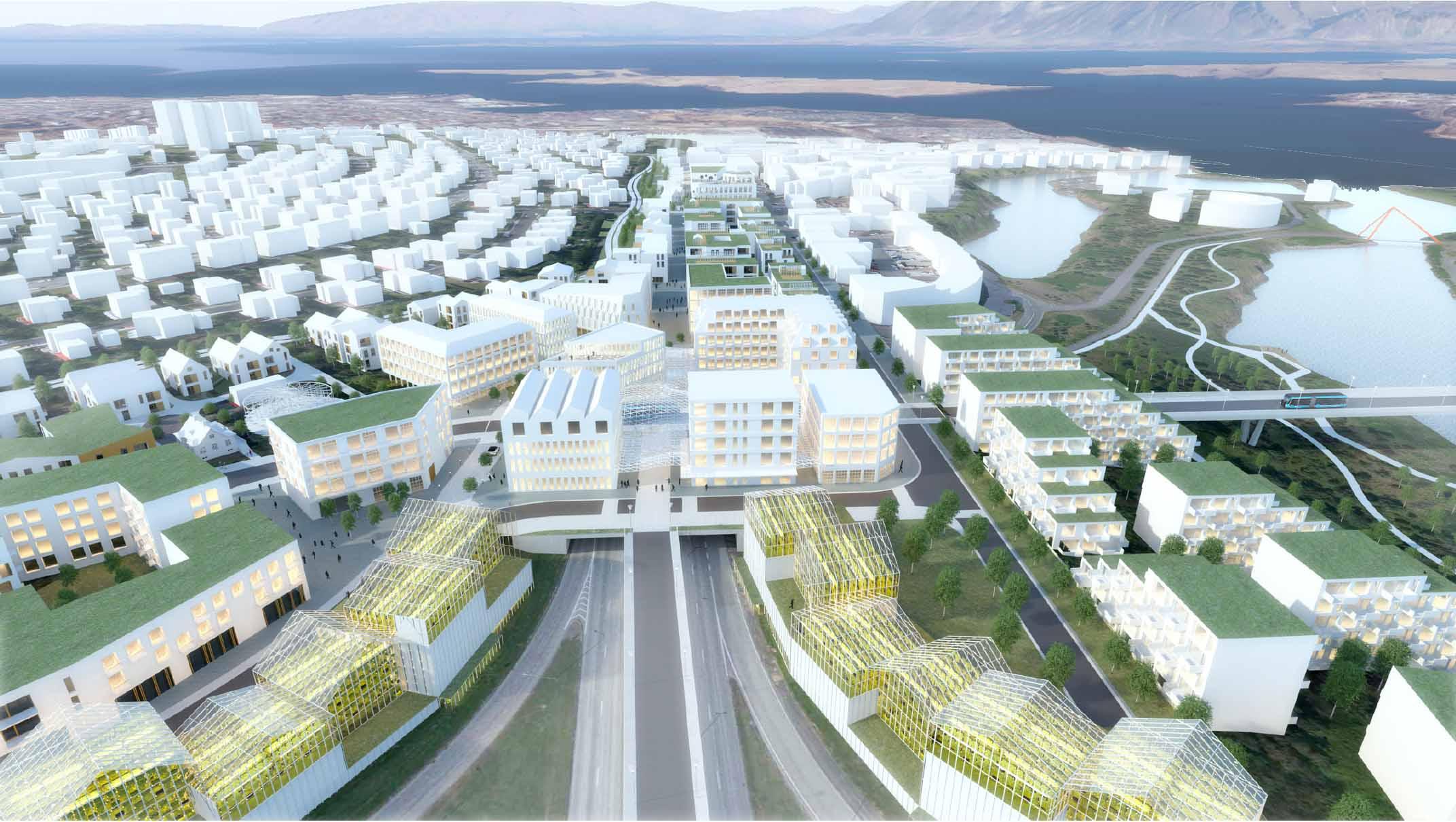 Rendering of a neighborhood with multiple multi-family residences.