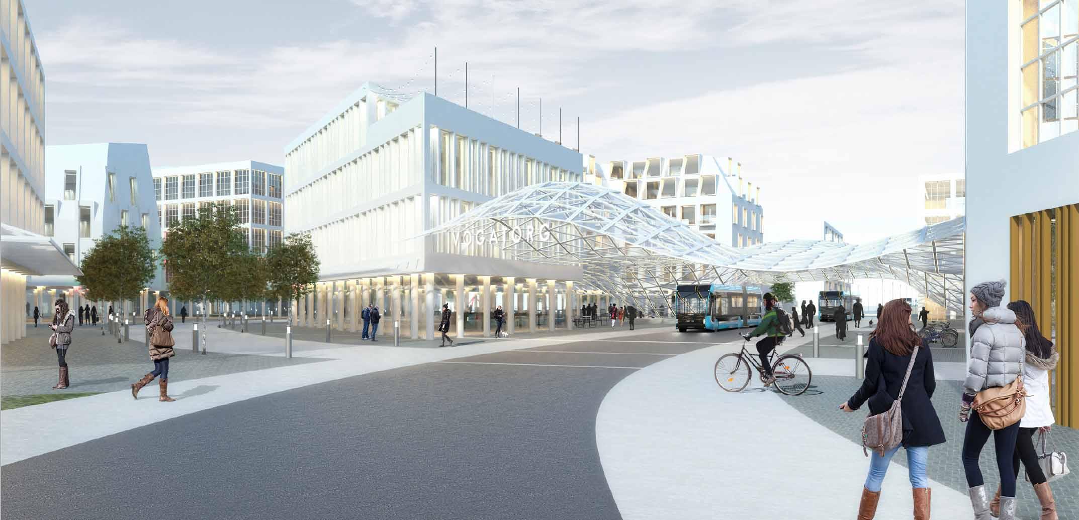 Rendering of what Vogatorg Square could look like. Retail spaces and a pedestrian street, partially covered.