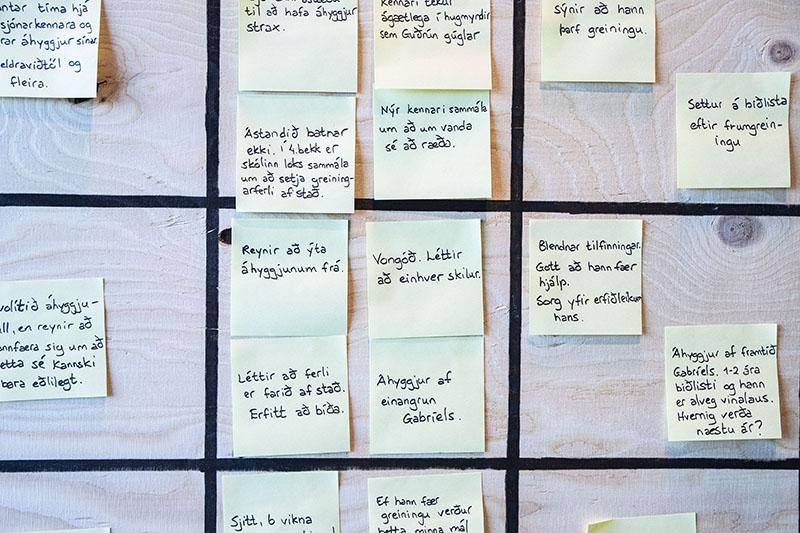 Mynd af post-it miðum á vegg í þemagreiningu.