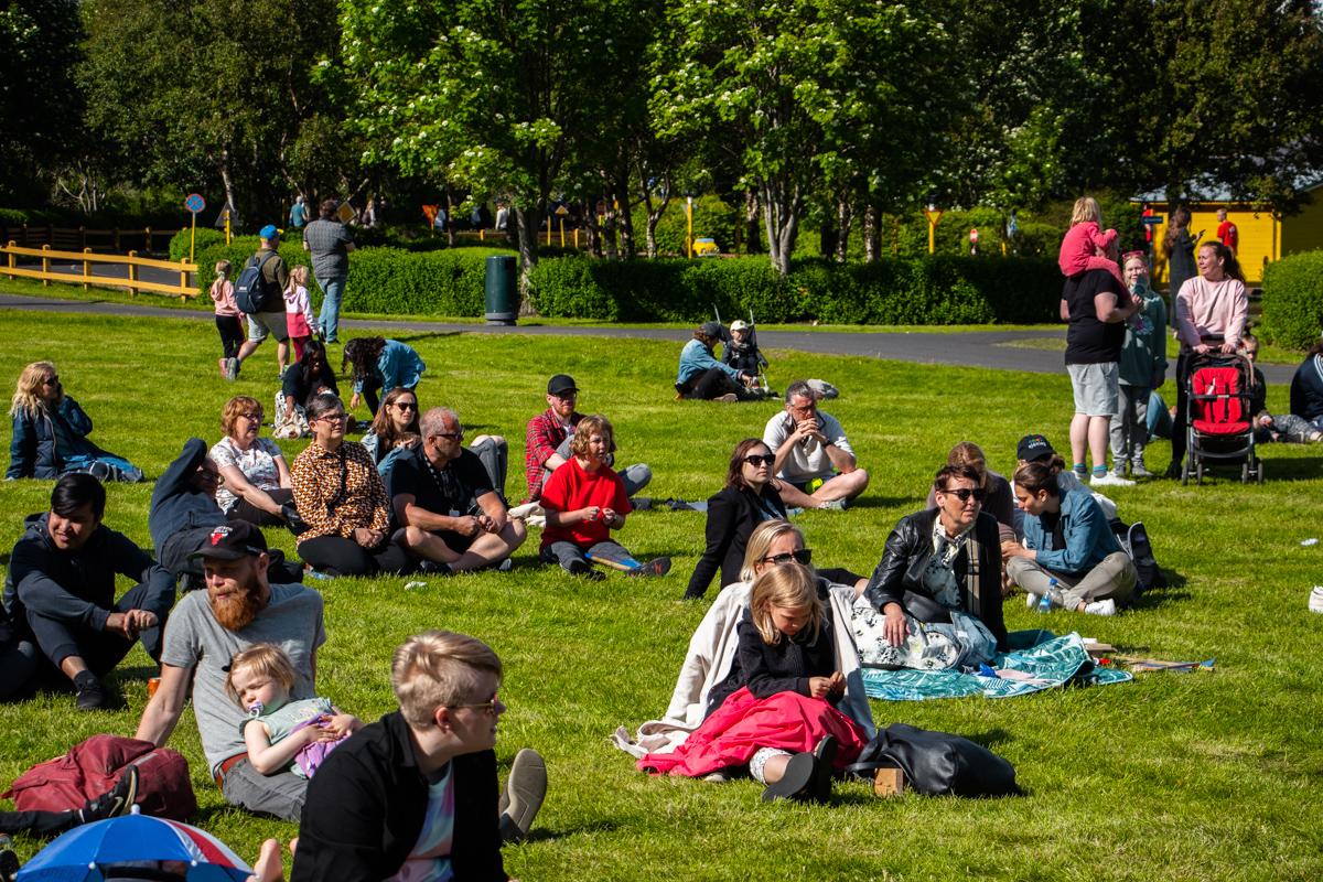 Fólk sitja í grasi og horfa á tónleika í Fjölskyldugarðinum