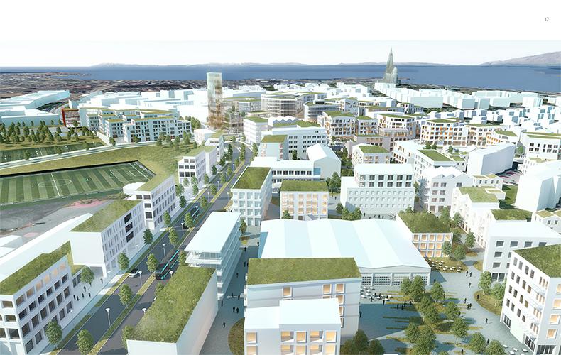 Rendering of Miklabraut. Multiple buildings, greenery, and Hallgrímskirkja church.