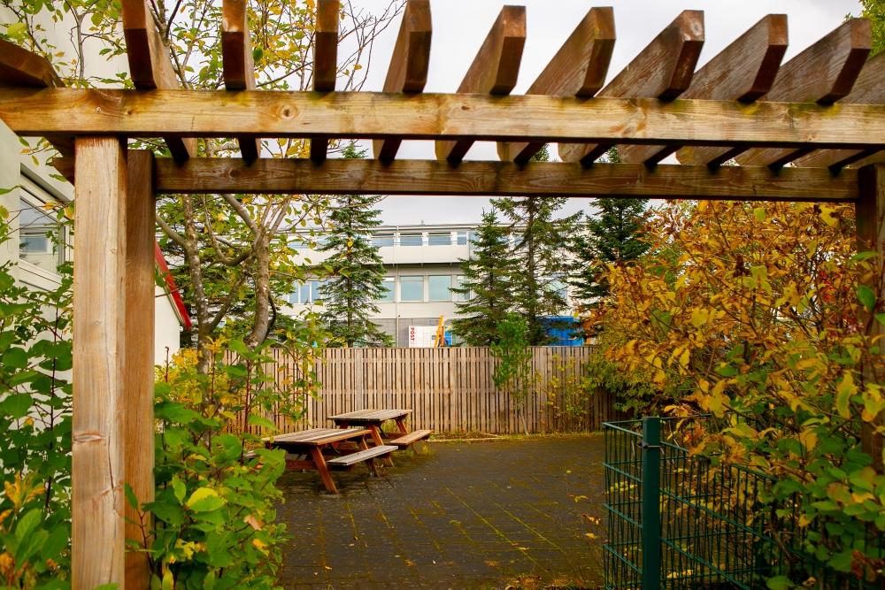 Benches on Furuskógur's grounds.