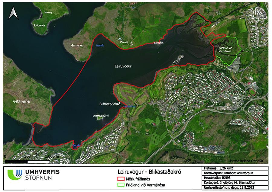 Kort af friðlýsingarsvæðinu Blikastaðakró Leiruvogi með örnefnum