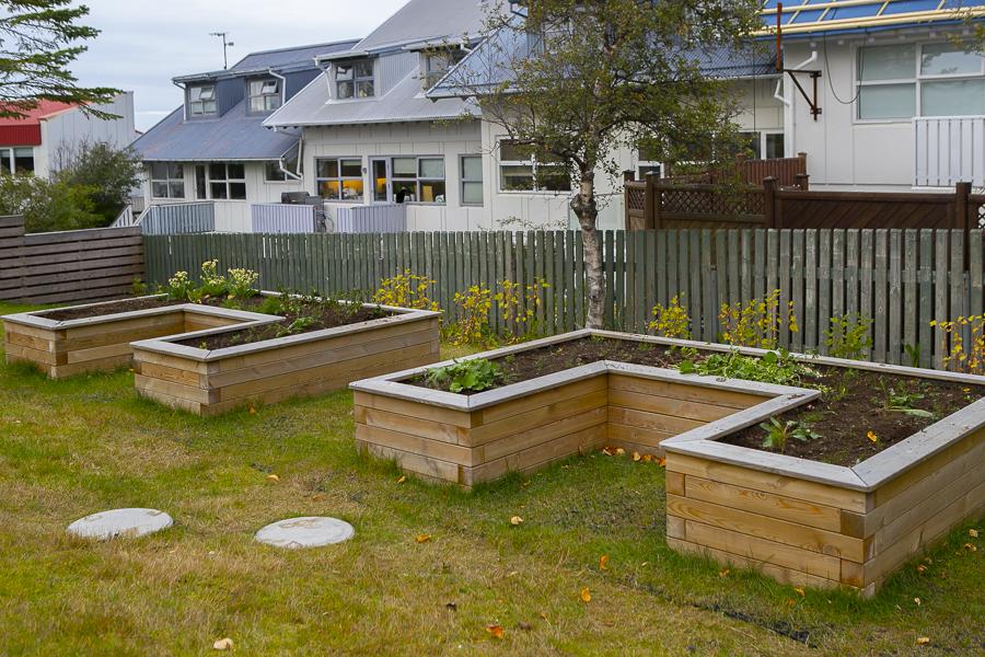 Garden beds on the grounds of Hálsaskógur.