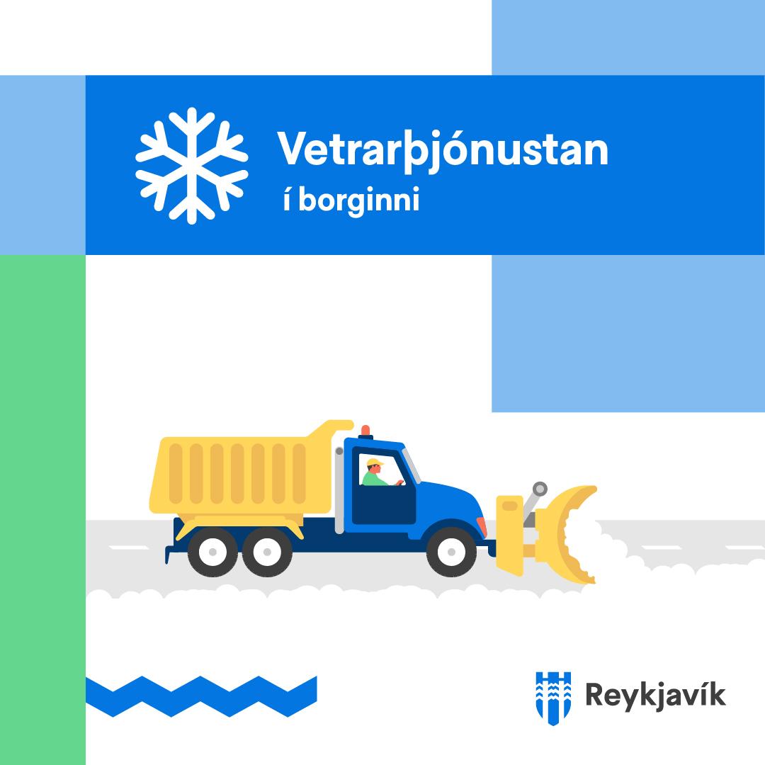 Teikning af snjóruðningsbíl að störfum.