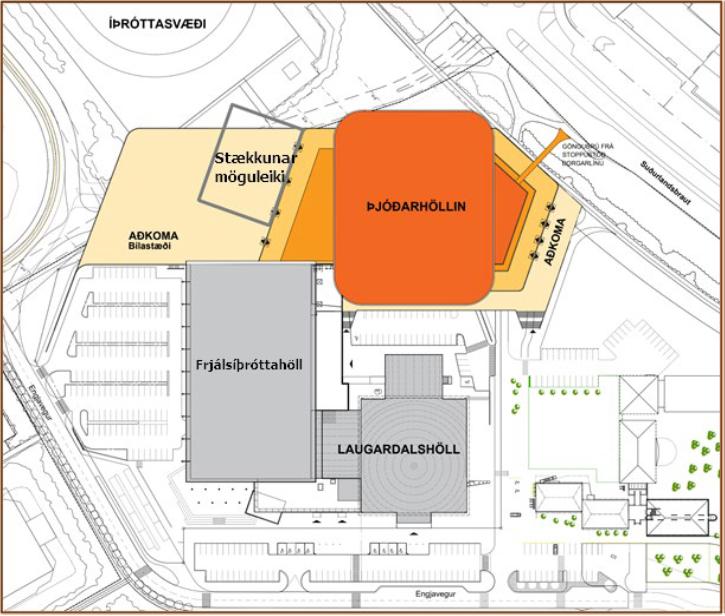 Teikning af fyrirhugaðri staðsetningu Þjóðarhallar í Laugardal