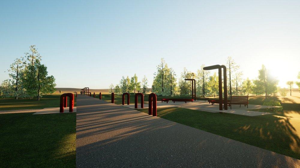 Tölvuteiknuð mynd af bekkjum og hjólastæðum við Elliðaár.