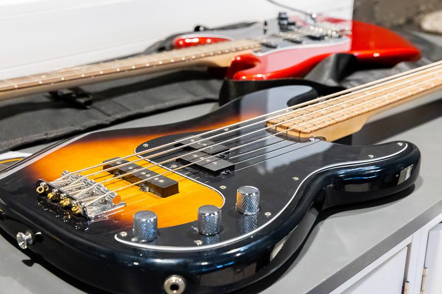 Electric guitars on a table.