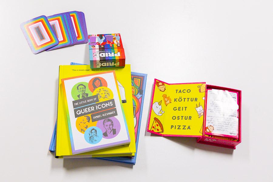 Books and games with the Rainbow Flag.