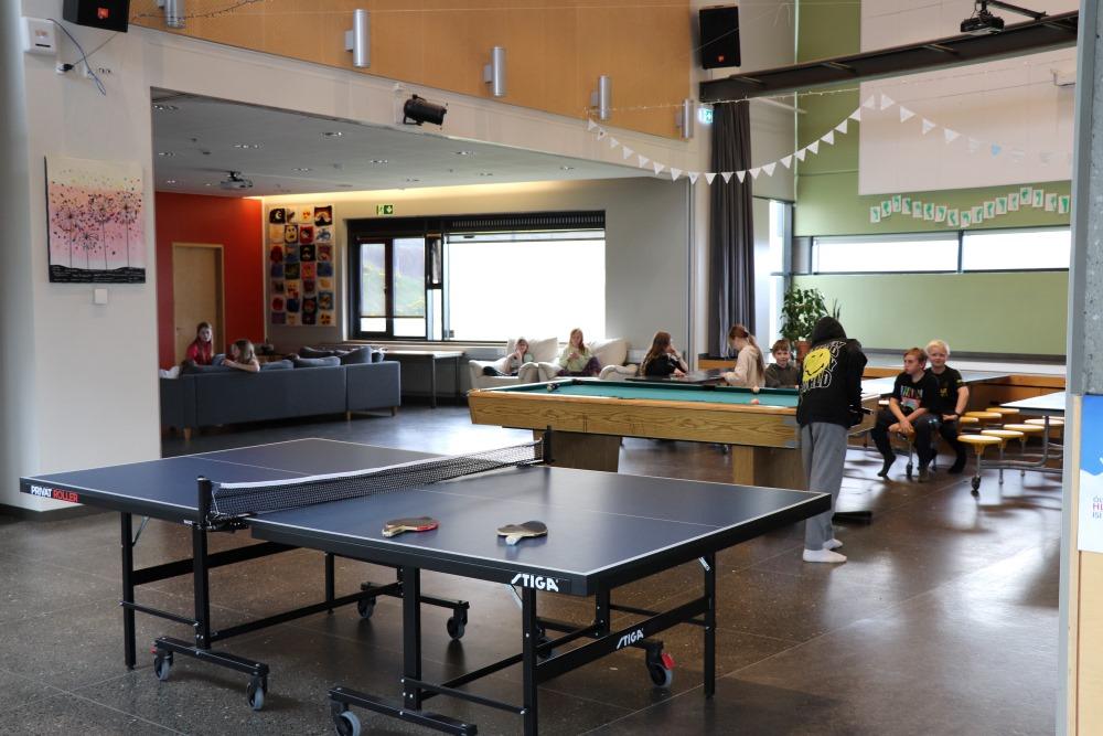 A room with a ping pong table in the foreground, pool table and couches. Young people sit on couches while others play pool. 
