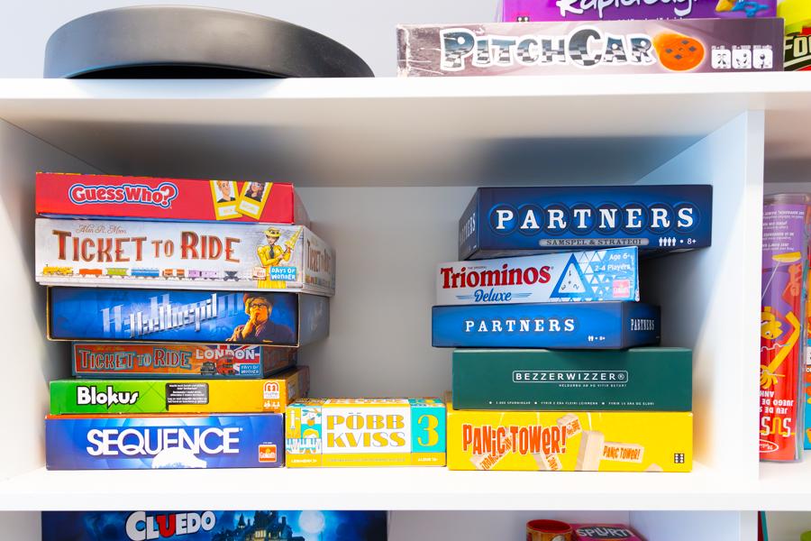 Board games on the shelf. 