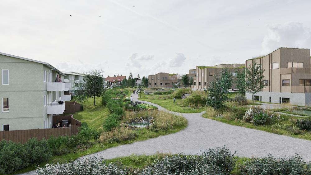 Illustration of houses, vegetation and streets.