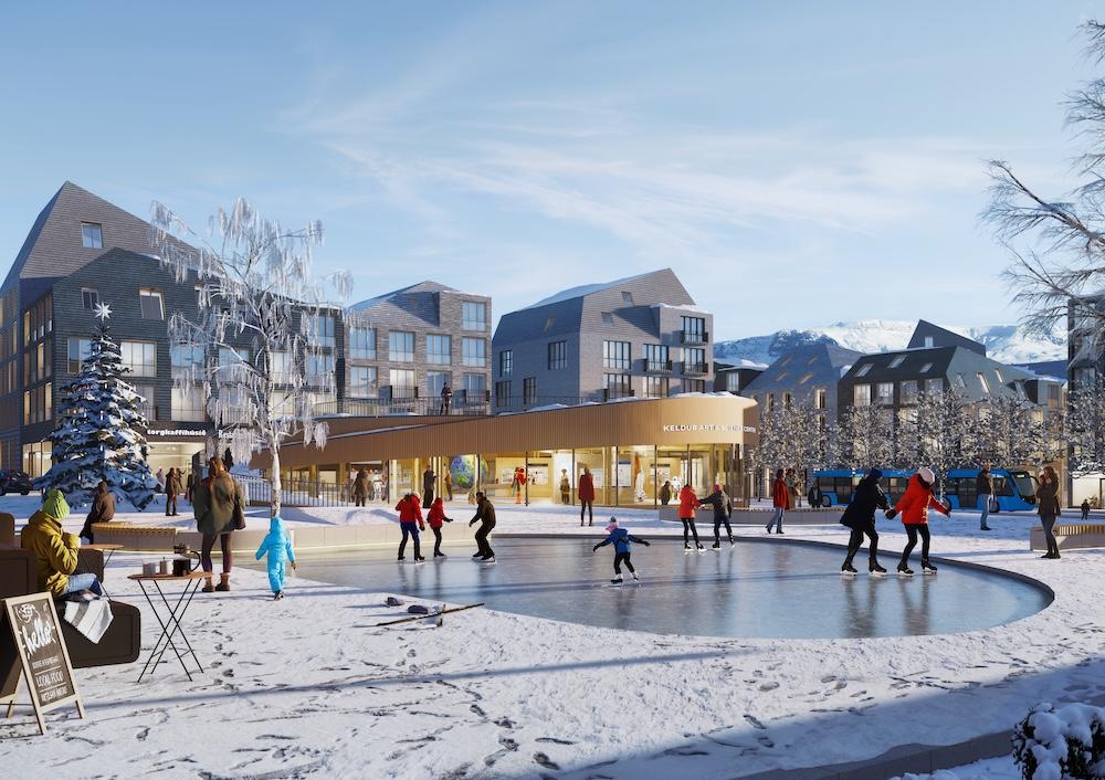 Teikning af húsum, fólki og torgi með skautasvelli