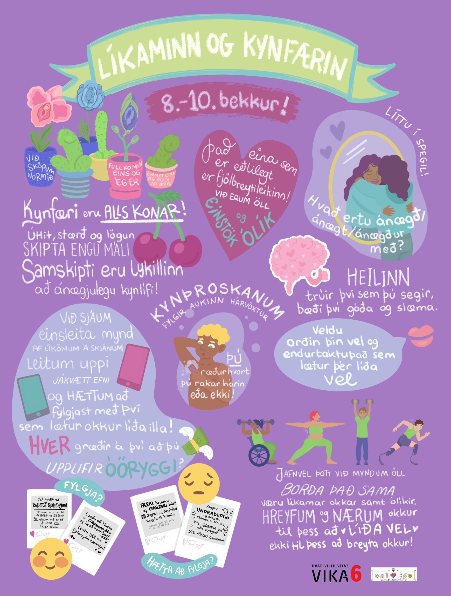 A printable poster titled "The body and genitals," designed for grades 8-10.
