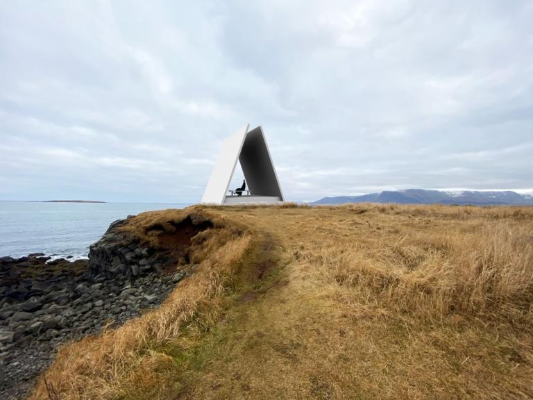 Sviðsmynd af mögulegu hugleiðsluhúsi á Laugarnestanga.