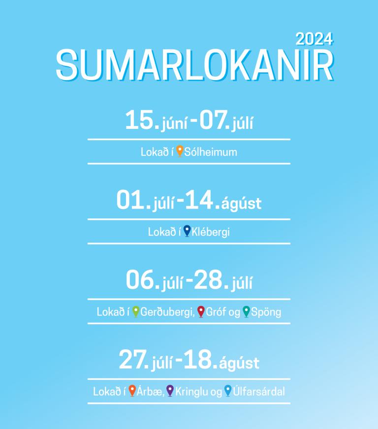 Texti sem sýnir sumarlokanir Borgarbókasafns 2024, hvítur texti á bláum grunni