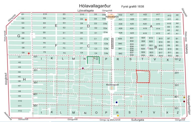 kort sem sýnir staðsetningu leiðis Bríetar Bjarnhéðinsdóttur í Hólavallakirkjugarði