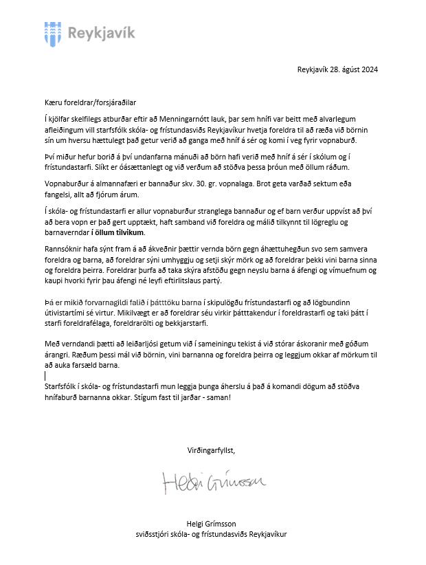 Letter to parents in Icelandic