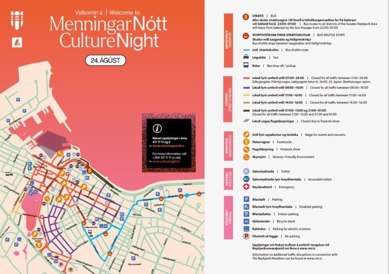 Grafískt kort sem sýnir götulokanir á Menningarnótt 2024