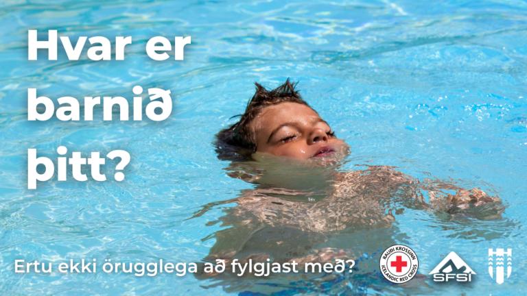 Photo of child at swimming pool with text about child safety.