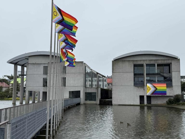 Stór Project Pride fáni á gafli Ráðhúss Reykjavíkur.