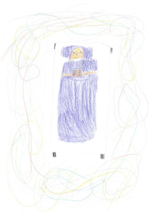 A piece by Sara Mist Sindradóttir, a 3rd-grader at Foldaskóli. Her artwork portrays a child in bed with a blanket pulled over them.