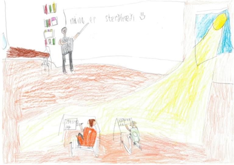 An artwork by Stefán Helgi Helgason, a 3rd-grader at Foldaskóli. The piece depicts a math lesson.
