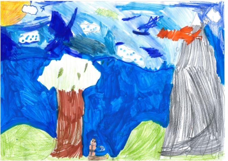 A piece by Theodór Ás Heiðarsson, a 3rd-grader at Grandaskóli. His work shows a person in nature.