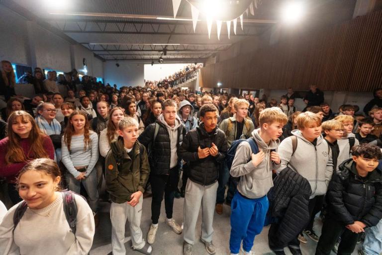 The student body looking towards the stage in Hagaskóli