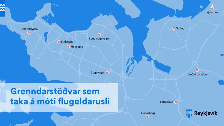 Kort yfir staðsetningar á flugeldaruslgámum