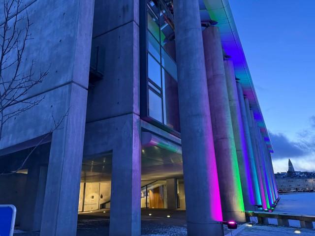 City Hall lit up in Unique Children's colors.