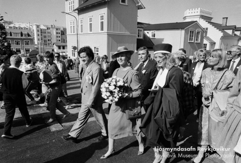 President of Iceland Vigdís Finnbogadóttir on an official visit to Reykjavík for the city's 200th anniversary.