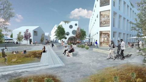 Rendering of a square. People walking and sitting on a bench.