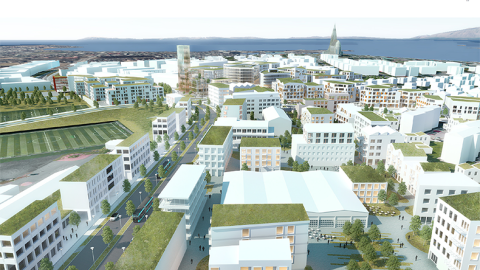 Rendering of Miklabraut. Multiple buildings, greenery, and Hallgrímskirkja church.