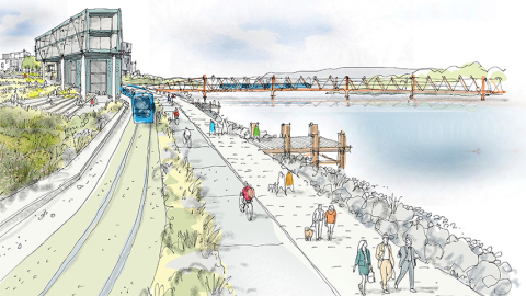 Rendering of transportation along Sæbraut. A tram runs along the route beside the sea.