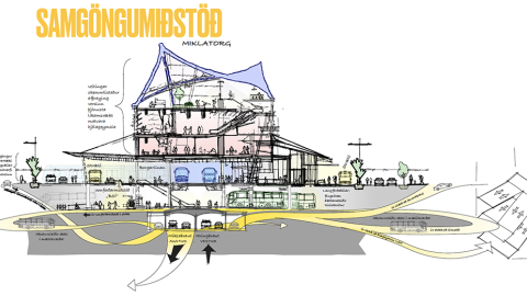 Illustration of a transit hub at Miklatorg square. One level below ground, with a four-lane highway cap at the base.