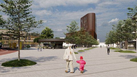 Rendering of an adult leading a child through a beautiful square.