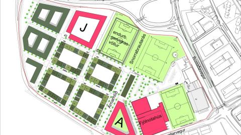 Skýringarmynd frá ALARK arkitektum ehf. sem sýnir fyrirhugaða uppbyggingu á A og J reitum á Hlíðarendasvæðinu. Teikning, loftmynd.
